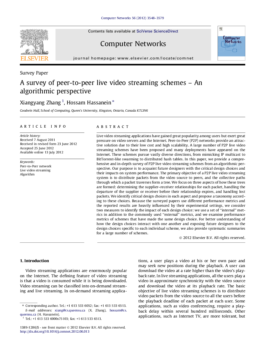 A survey of peer-to-peer live video streaming schemes - An algorithmic perspective