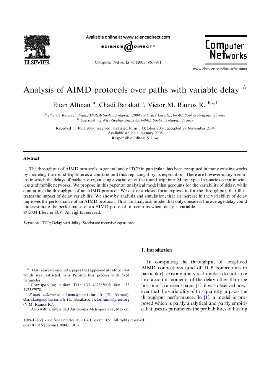 Analysis of AIMD protocols over paths with variable delay