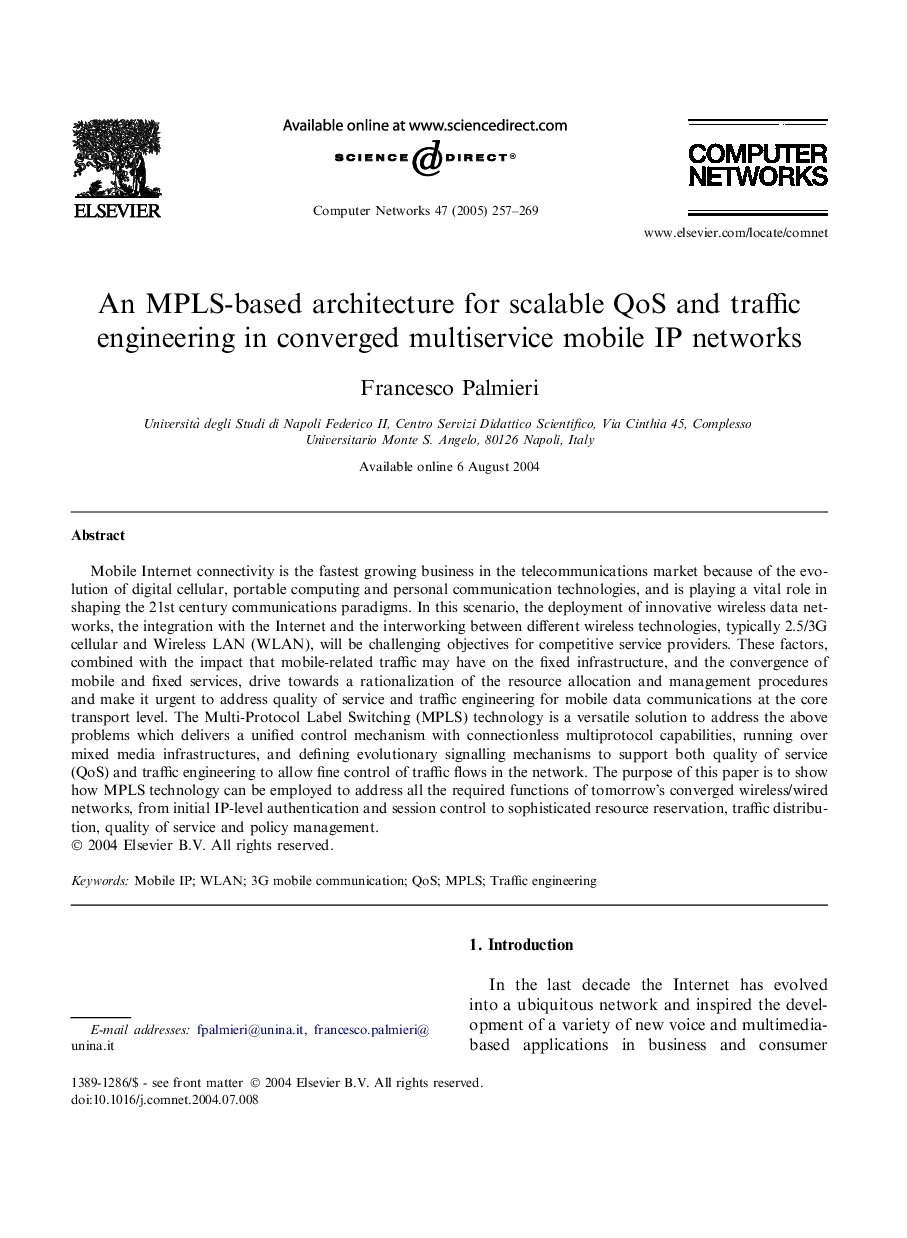 An MPLS-based architecture for scalable QoS and traffic engineering in converged multiservice mobile IP networks