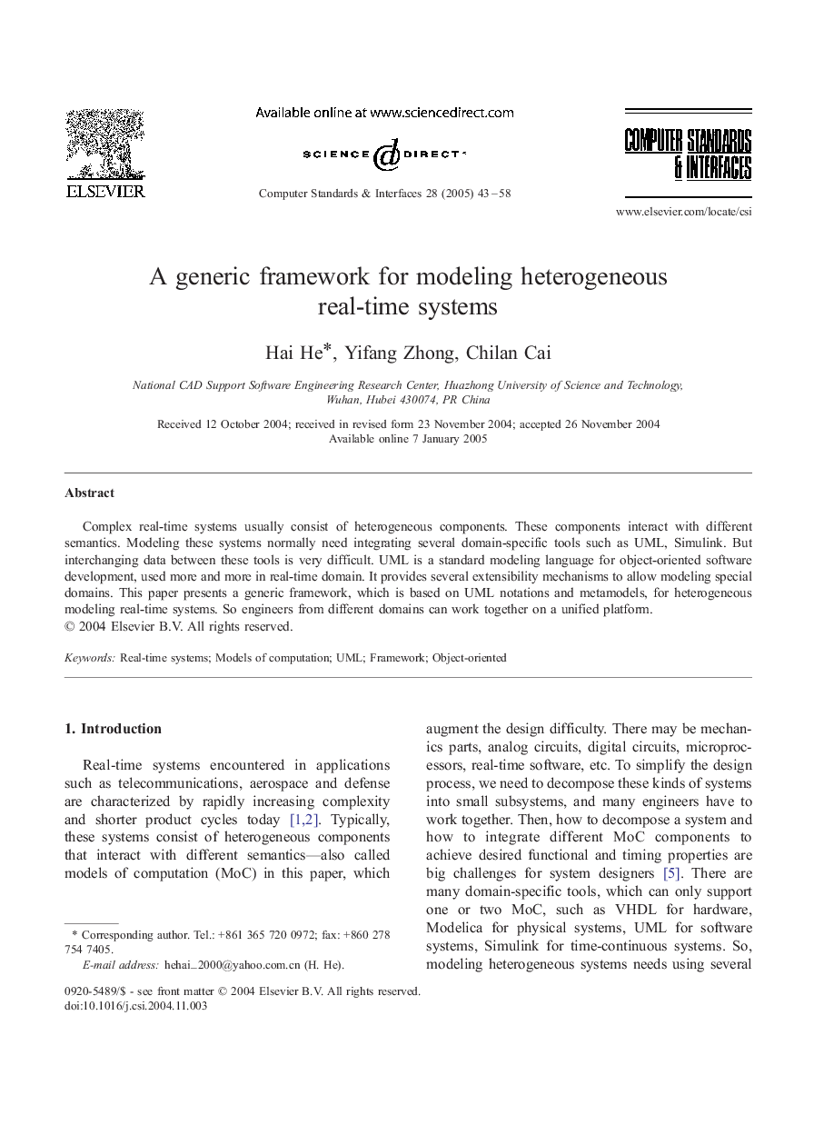 A generic framework for modeling heterogeneous real-time systems