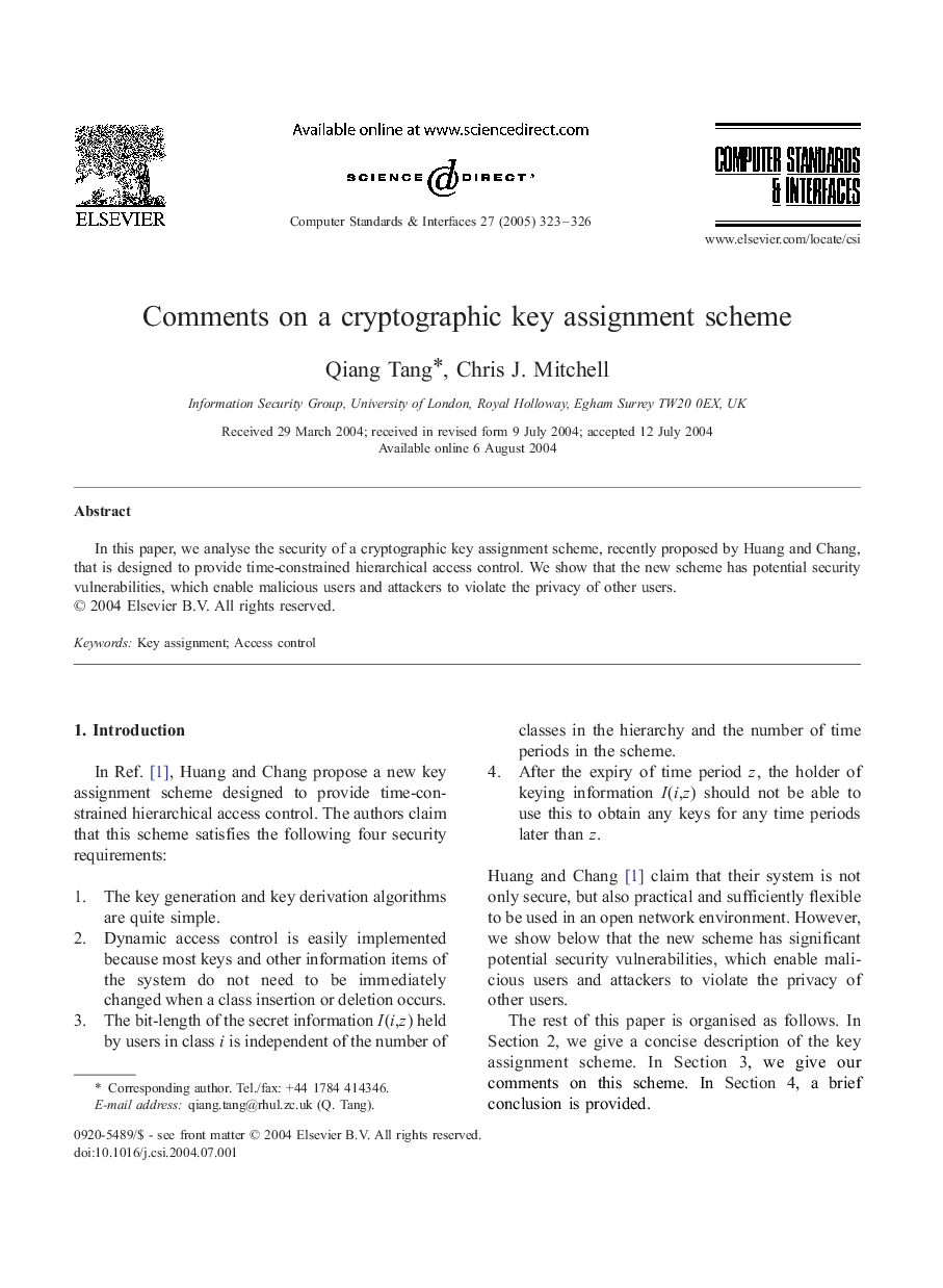 Comments on a cryptographic key assignment scheme