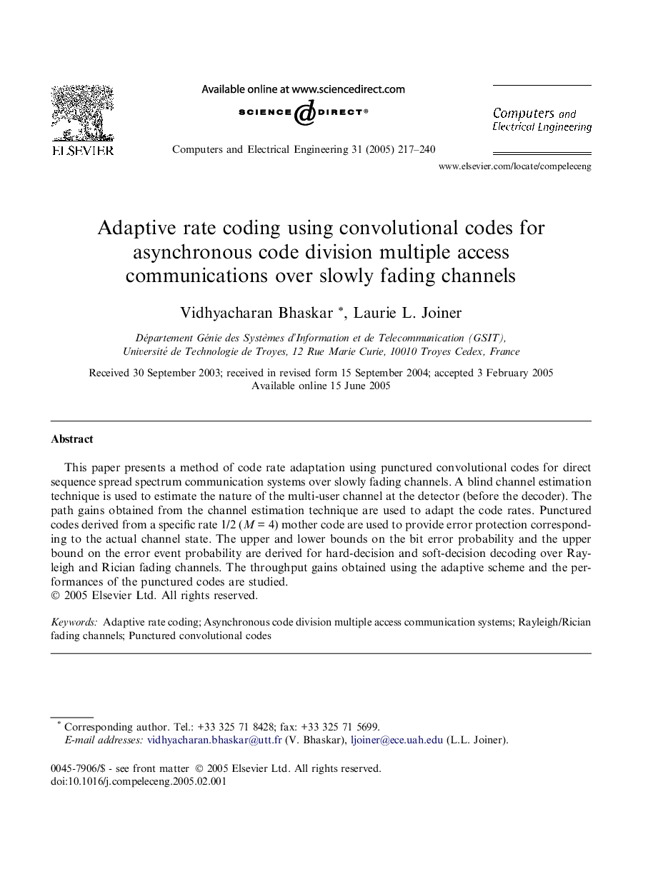 Adaptive rate coding using convolutional codes for asynchronous code division multiple access communications over slowly fading channels