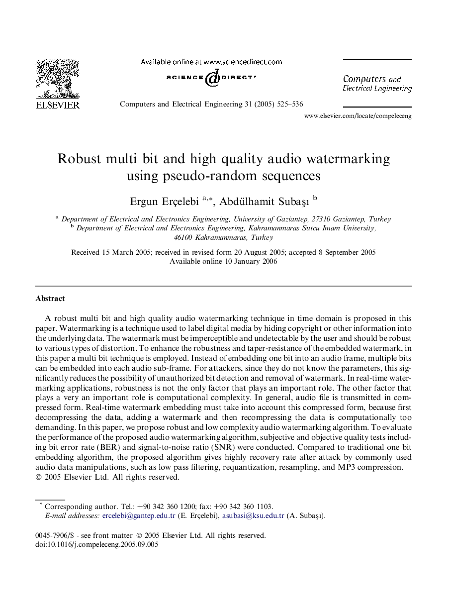 Robust multi bit and high quality audio watermarking using pseudo-random sequences