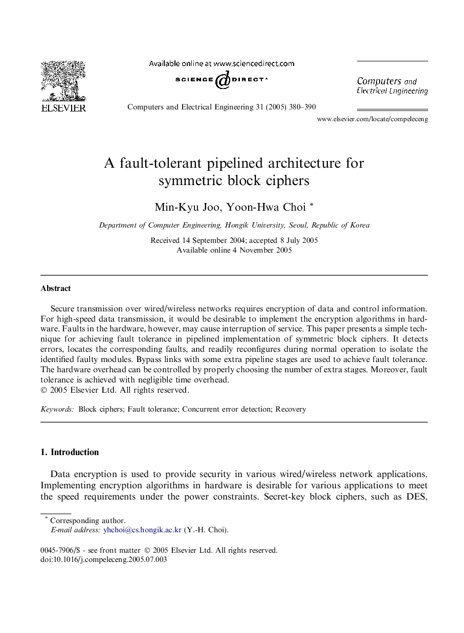 A fault-tolerant pipelined architecture for symmetric block ciphers