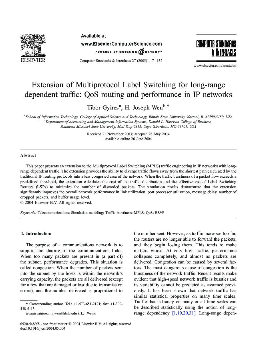 Extension of Multiprotocol Label Switching for long-range dependent traffic: QoS routing and performance in IP networks