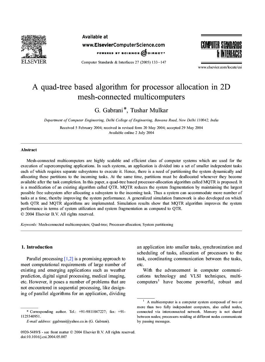 A quad-tree based algorithm for processor allocation in 2D mesh-connected multicomputers