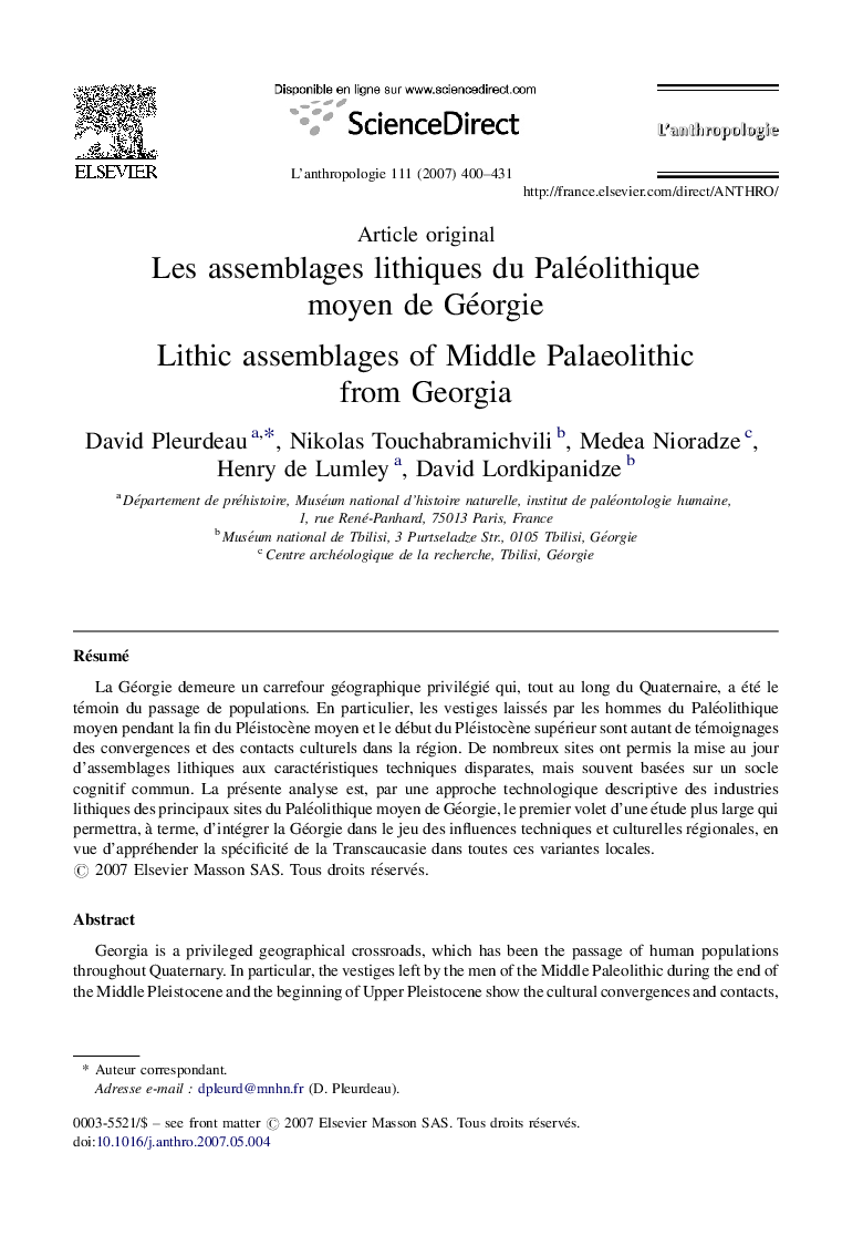 Les assemblages lithiques du Paléolithique moyen de Géorgie