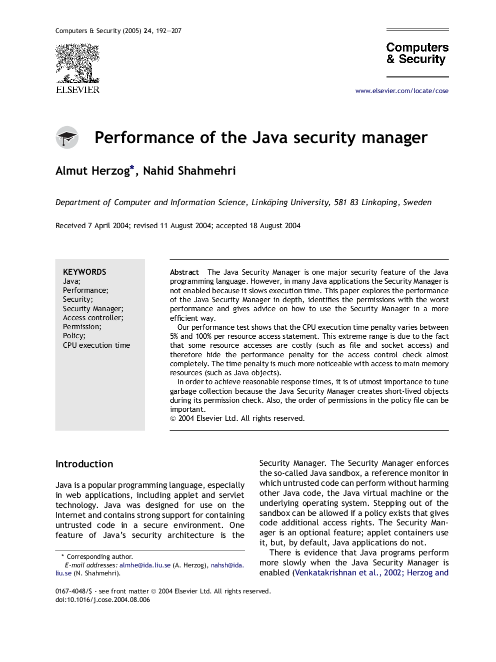 Performance of the Java security manager