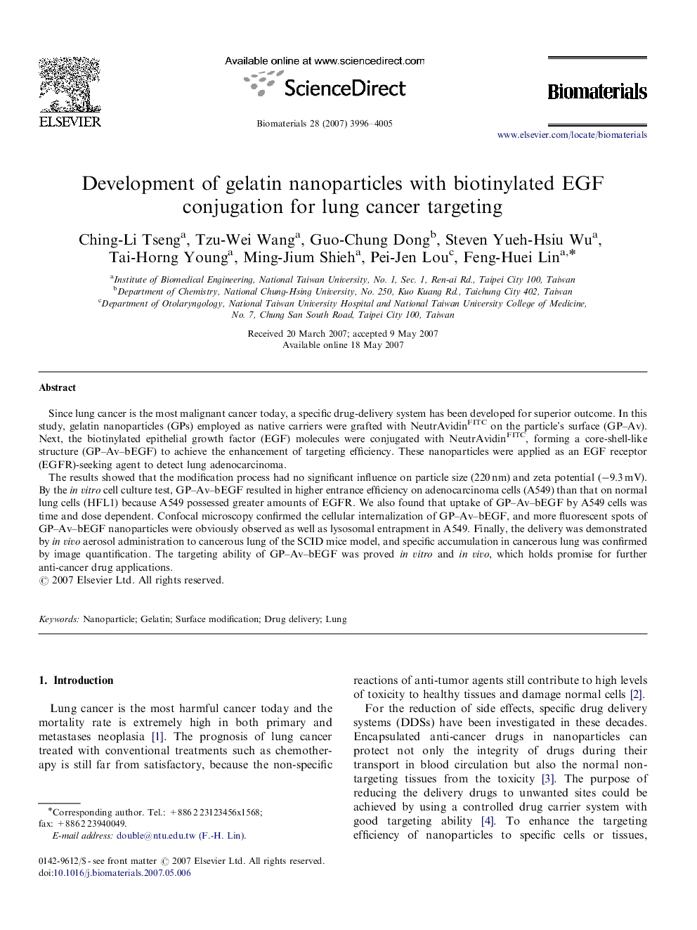 Development of gelatin nanoparticles with biotinylated EGF conjugation for lung cancer targeting