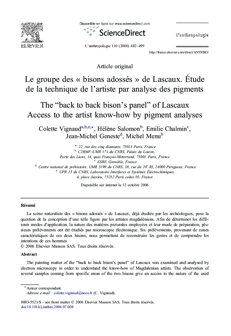 Le groupe desÂ Â«Â bisons adossésÂ Â» deÂ Lascaux. Ãtude deÂ laÂ technique deÂ l'artiste parÂ analyse desÂ pigments