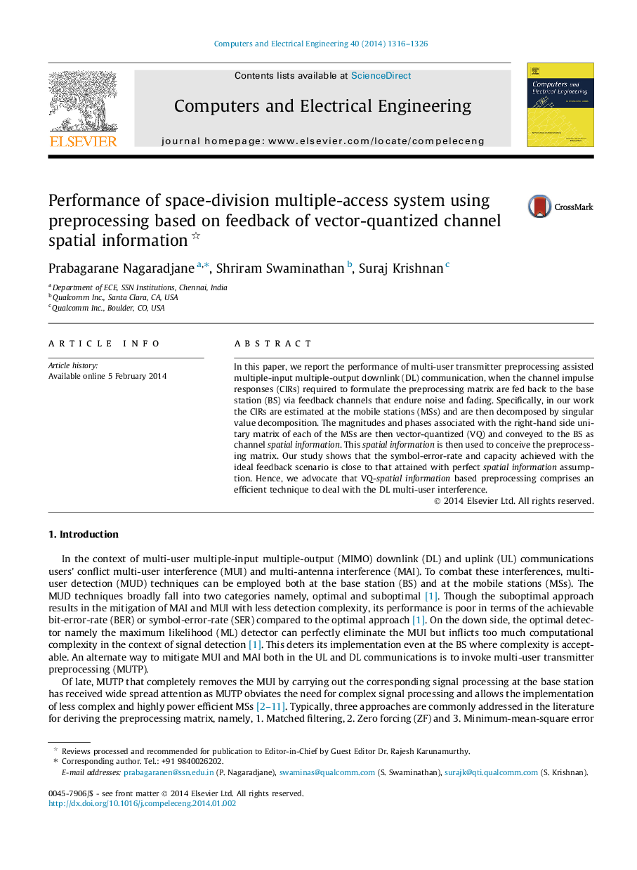 Performance of space-division multiple-access system using preprocessing based on feedback of vector-quantized channel spatial information