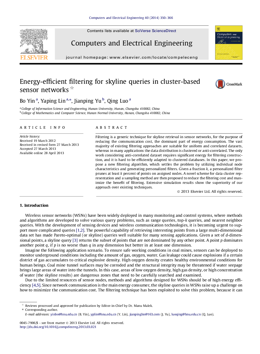 Energy-efficient filtering for skyline queries in cluster-based sensor networks