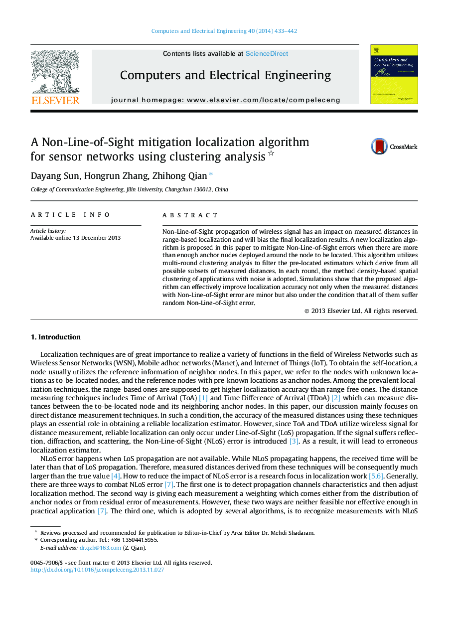 A Non-Line-of-Sight mitigation localization algorithm for sensor networks using clustering analysis
