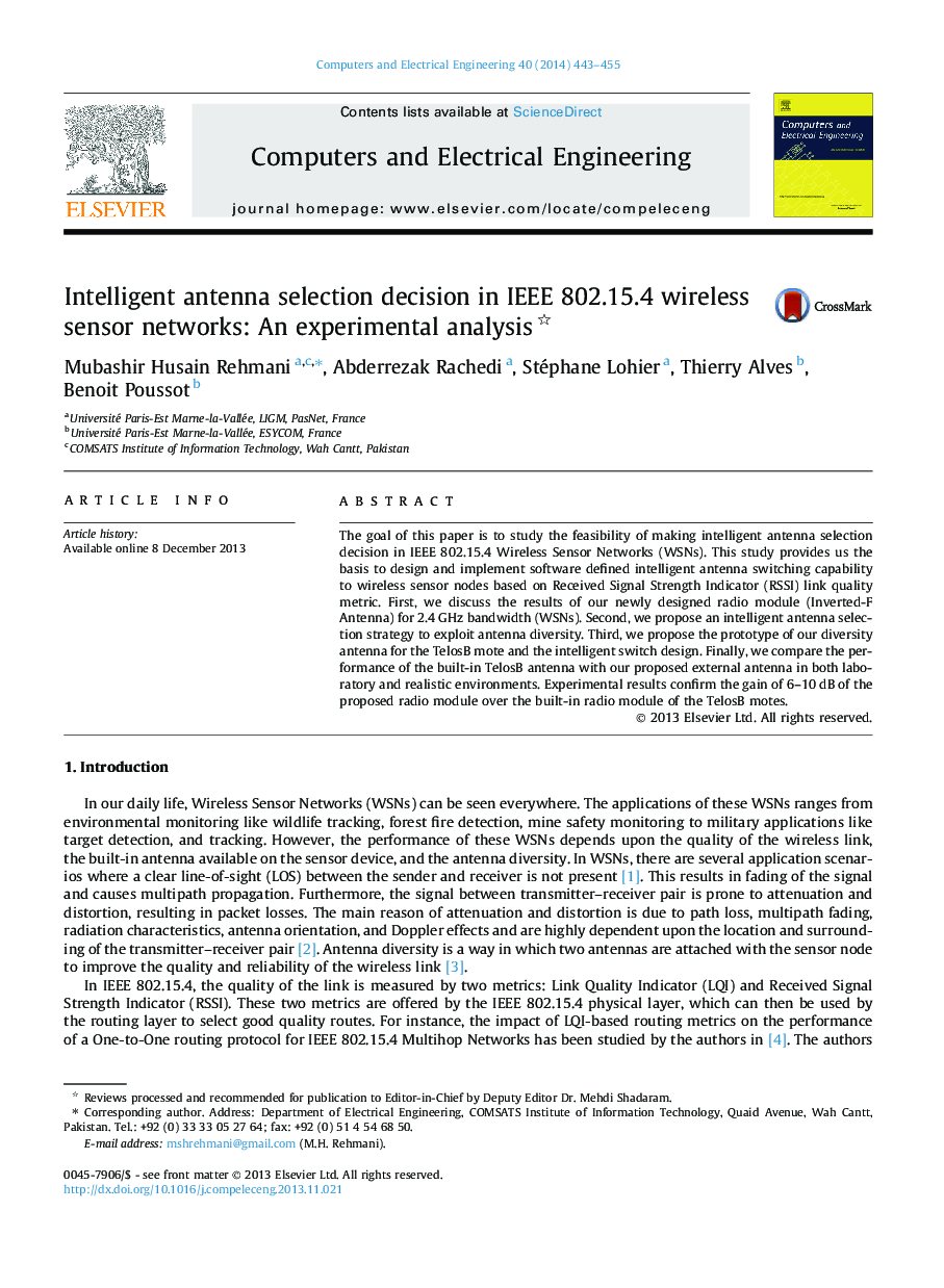 Intelligent antenna selection decision in IEEE 802.15.4 wireless sensor networks: An experimental analysis