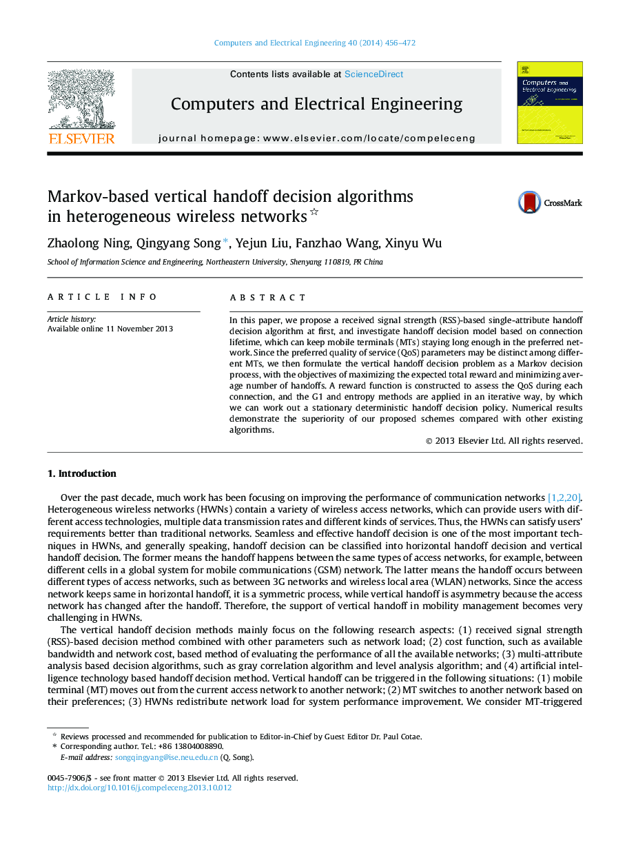 Markov-based vertical handoff decision algorithms in heterogeneous wireless networks