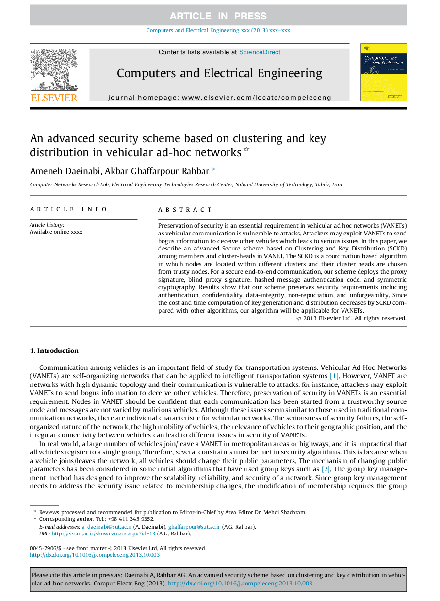 An advanced security scheme based on clustering and key distribution in vehicular ad-hoc networks