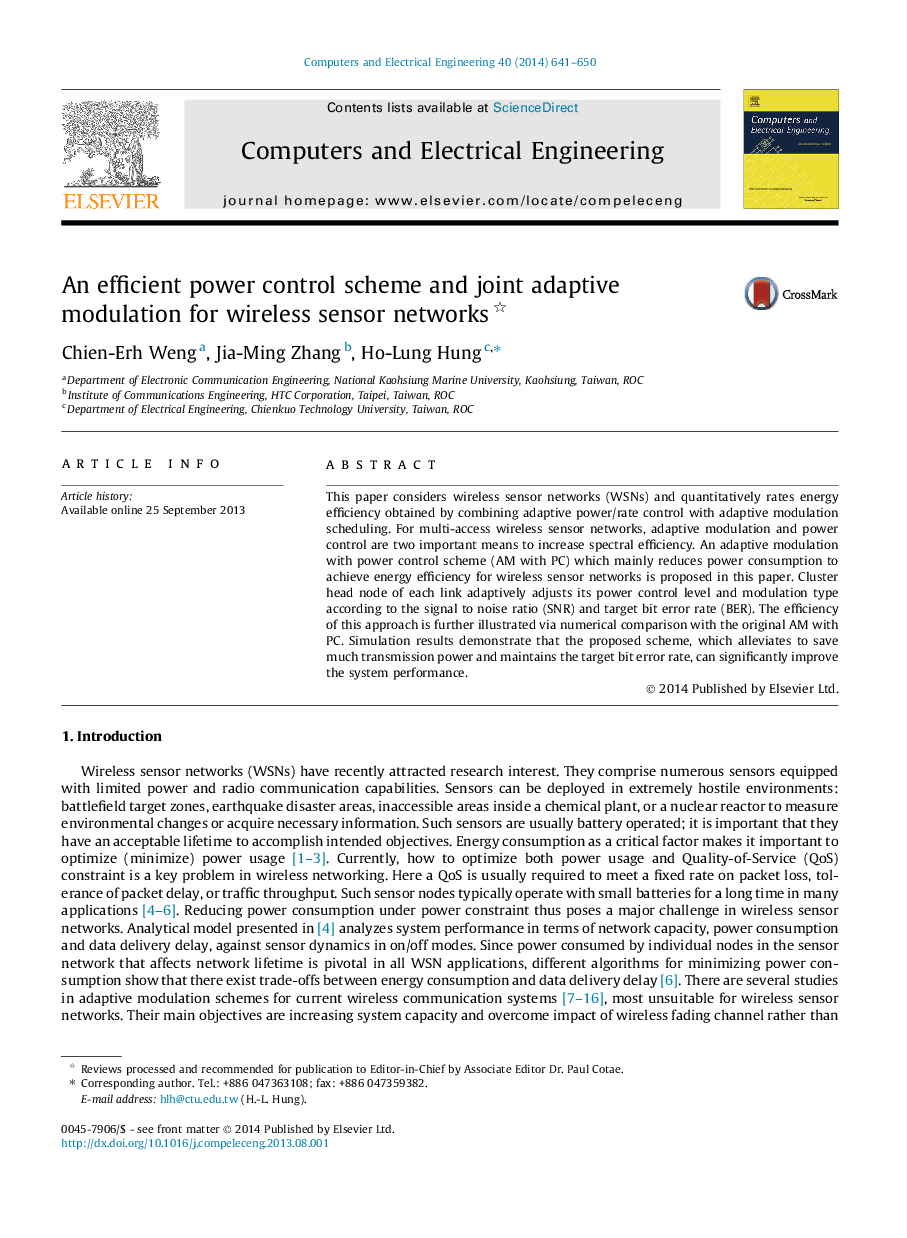 An efficient power control scheme and joint adaptive modulation for wireless sensor networks