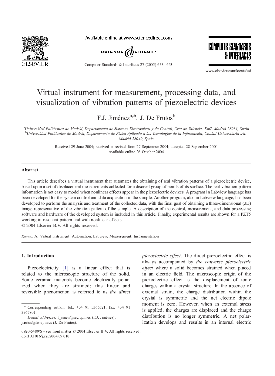 Virtual instrument for measurement, processing data, and visualization of vibration patterns of piezoelectric devices