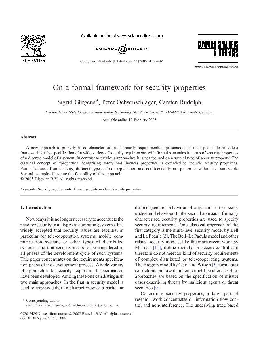 On a formal framework for security properties