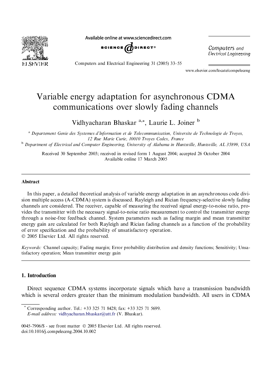 Variable energy adaptation for asynchronous CDMA communications over slowly fading channels