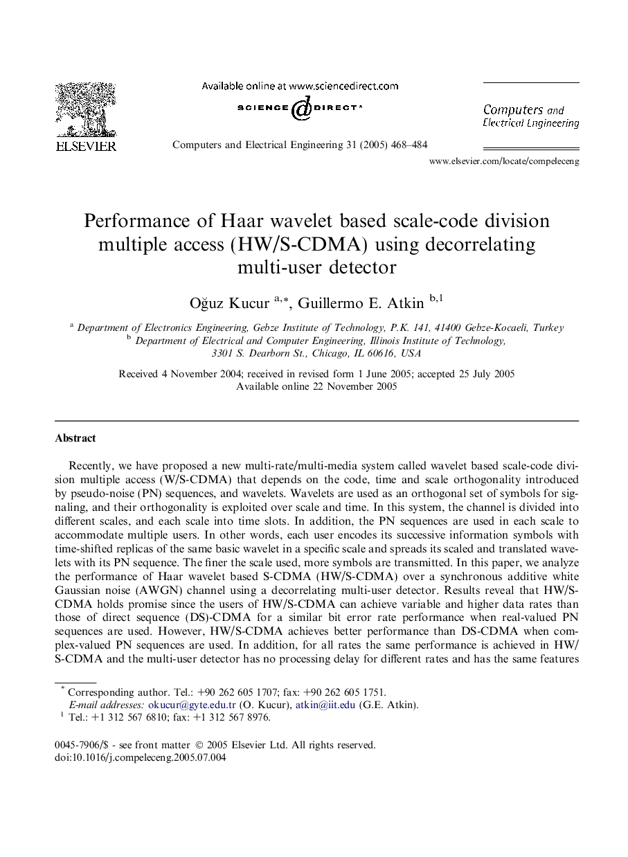 Performance of Haar wavelet based scale-code division multiple access (HW/S-CDMA) using decorrelating multi-user detector