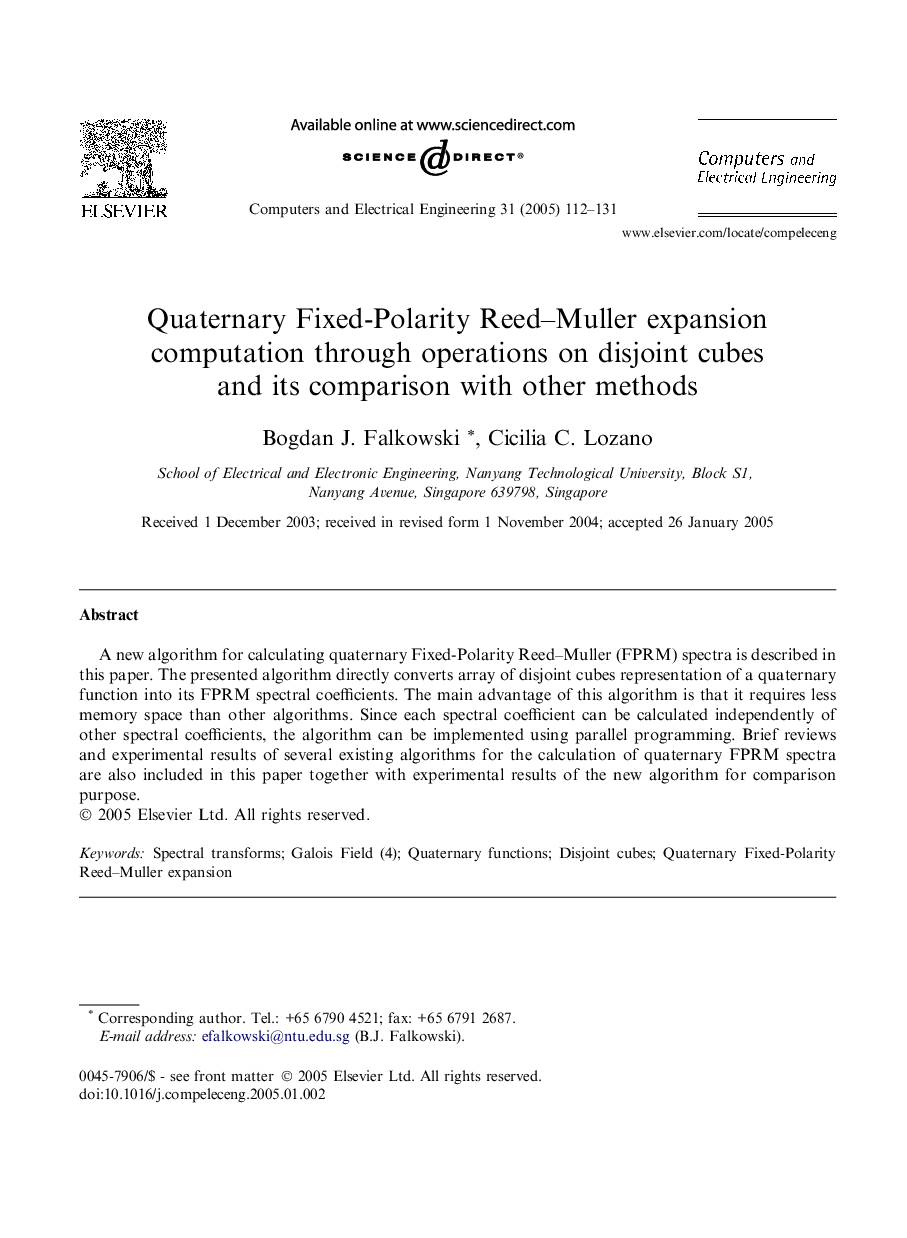 Quaternary Fixed-Polarity Reed-Muller expansion computation through operations on disjoint cubes and its comparison with other methods