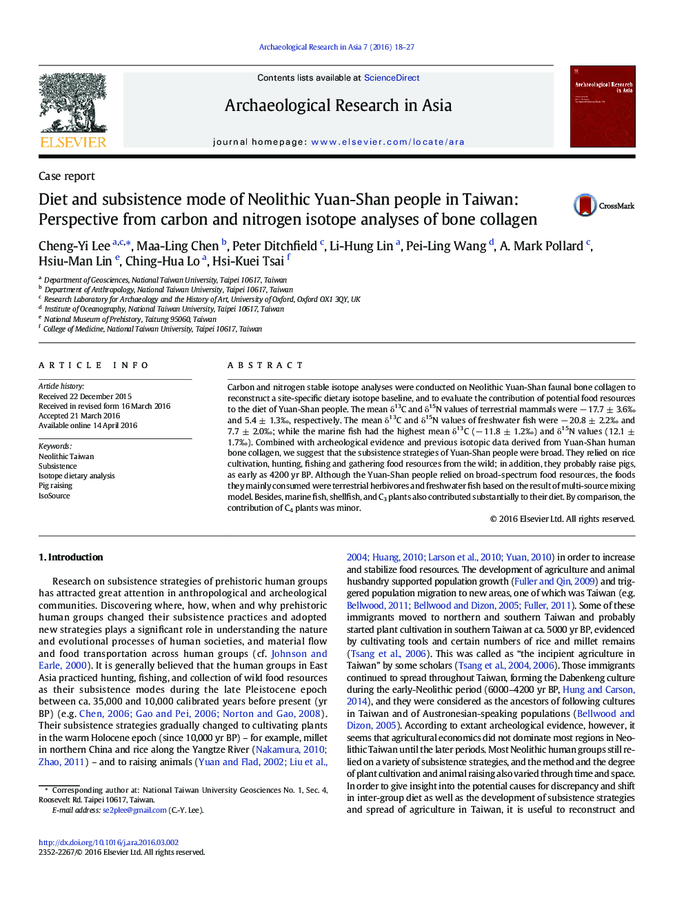 Diet and subsistence mode of Neolithic Yuan-Shan people in Taiwan: Perspective from carbon and nitrogen isotope analyses of bone collagen