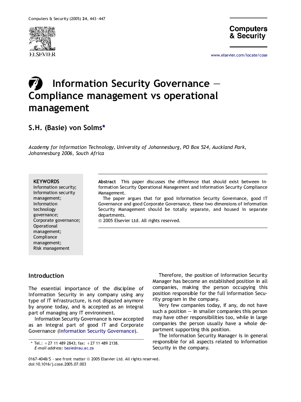 Information Security Governance - Compliance management vs operational management