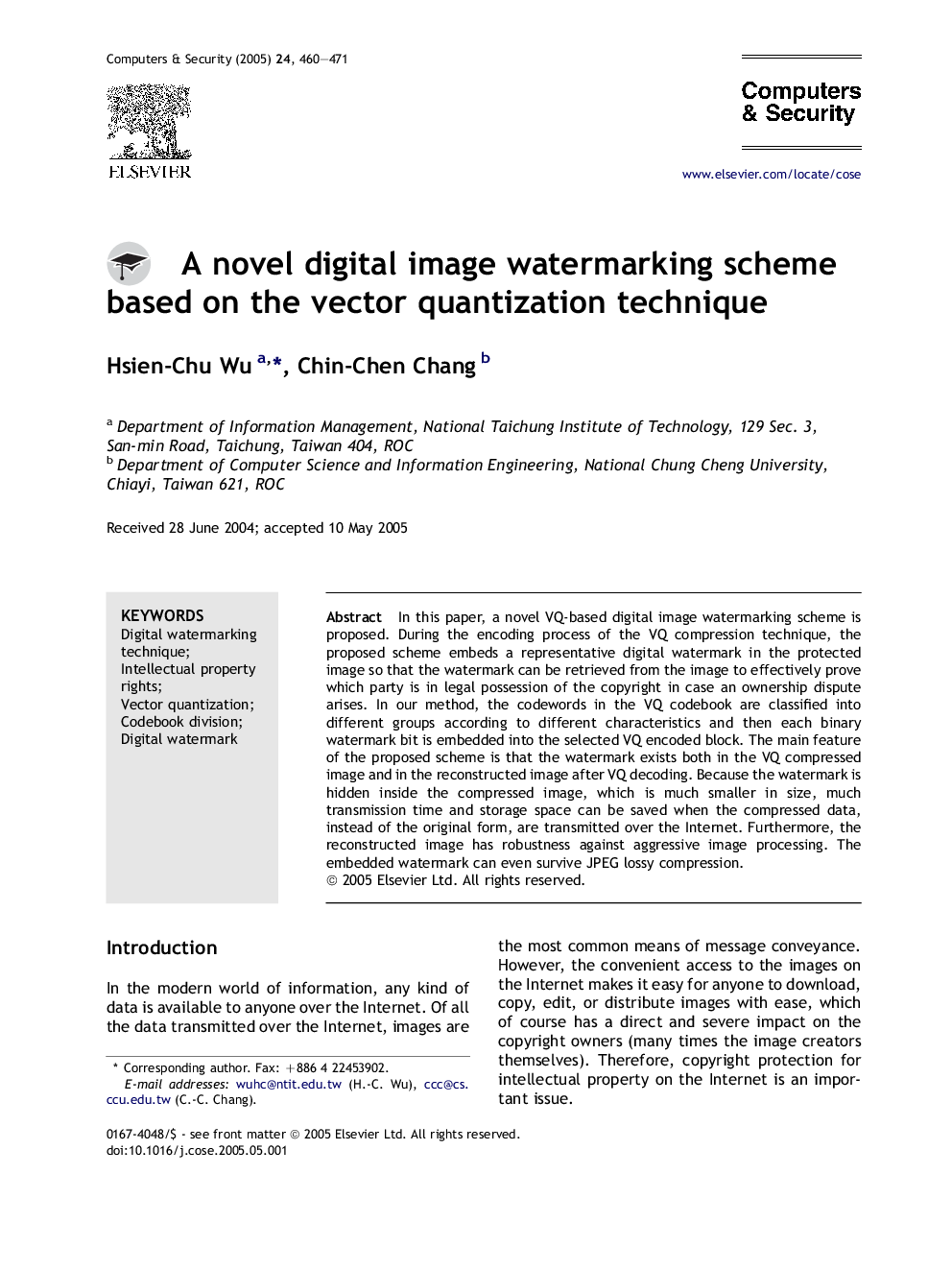 A novel digital image watermarking scheme based on the vector quantization technique