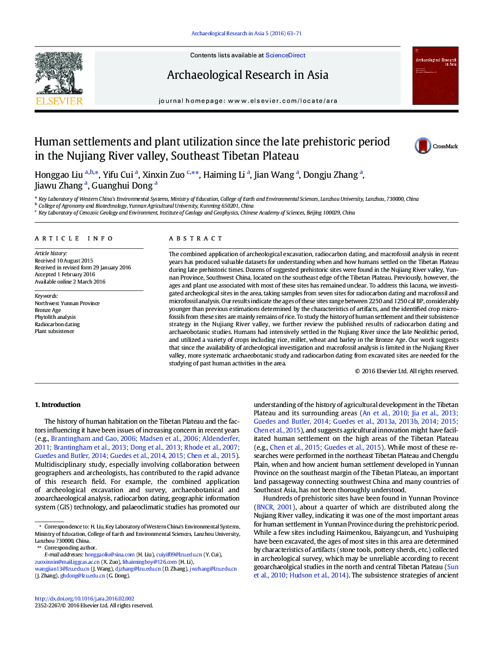 Human settlements and plant utilization since the late prehistoric period in the Nujiang River valley, Southeast Tibetan Plateau