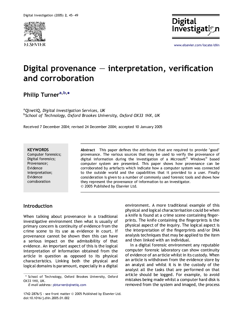 Digital provenance - interpretation, verification and corroboration