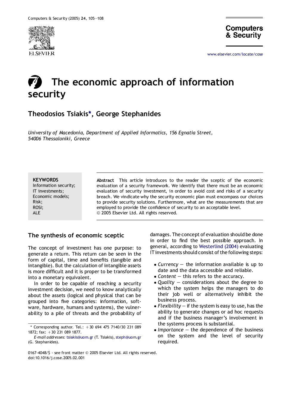 عکس صفحه اول مقاله: The economic approach of information security The economic approach of information security