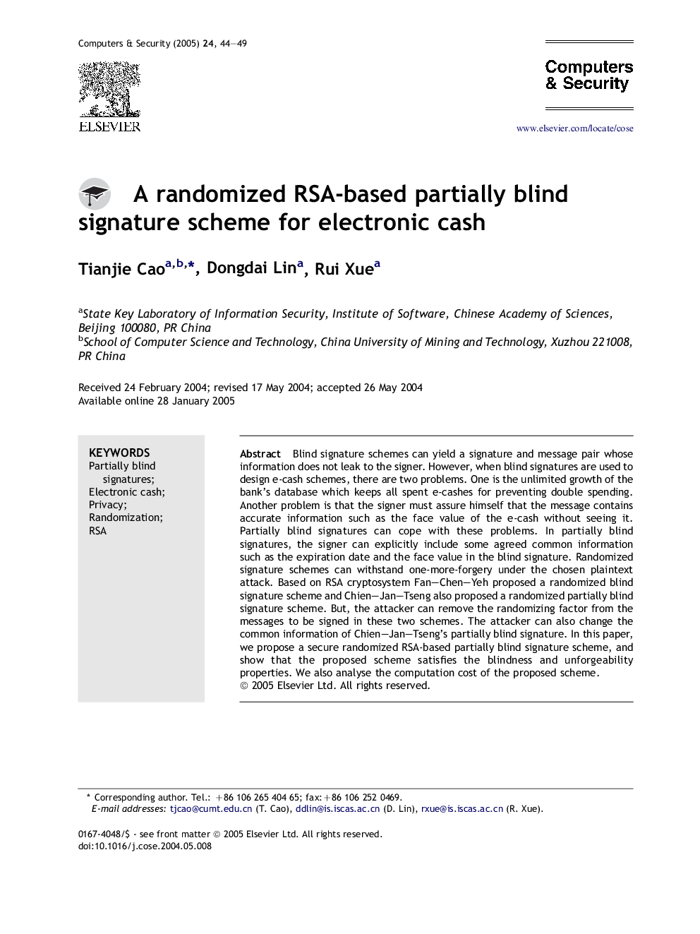 A randomized RSA-based partially blind signature scheme for electronic cash