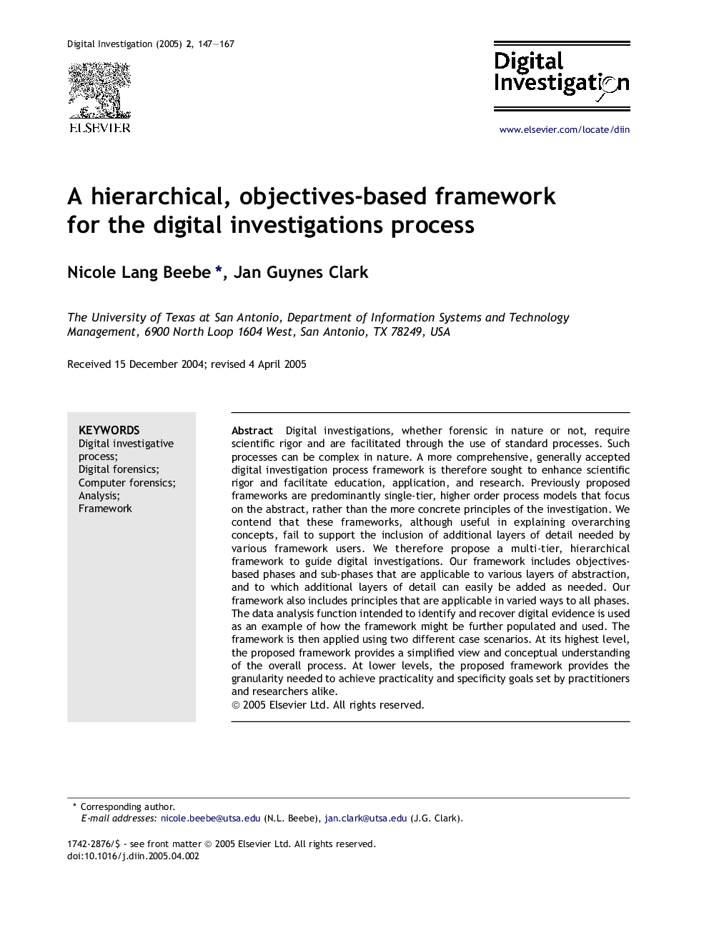 A hierarchical, objectives-based framework for the digital investigations process