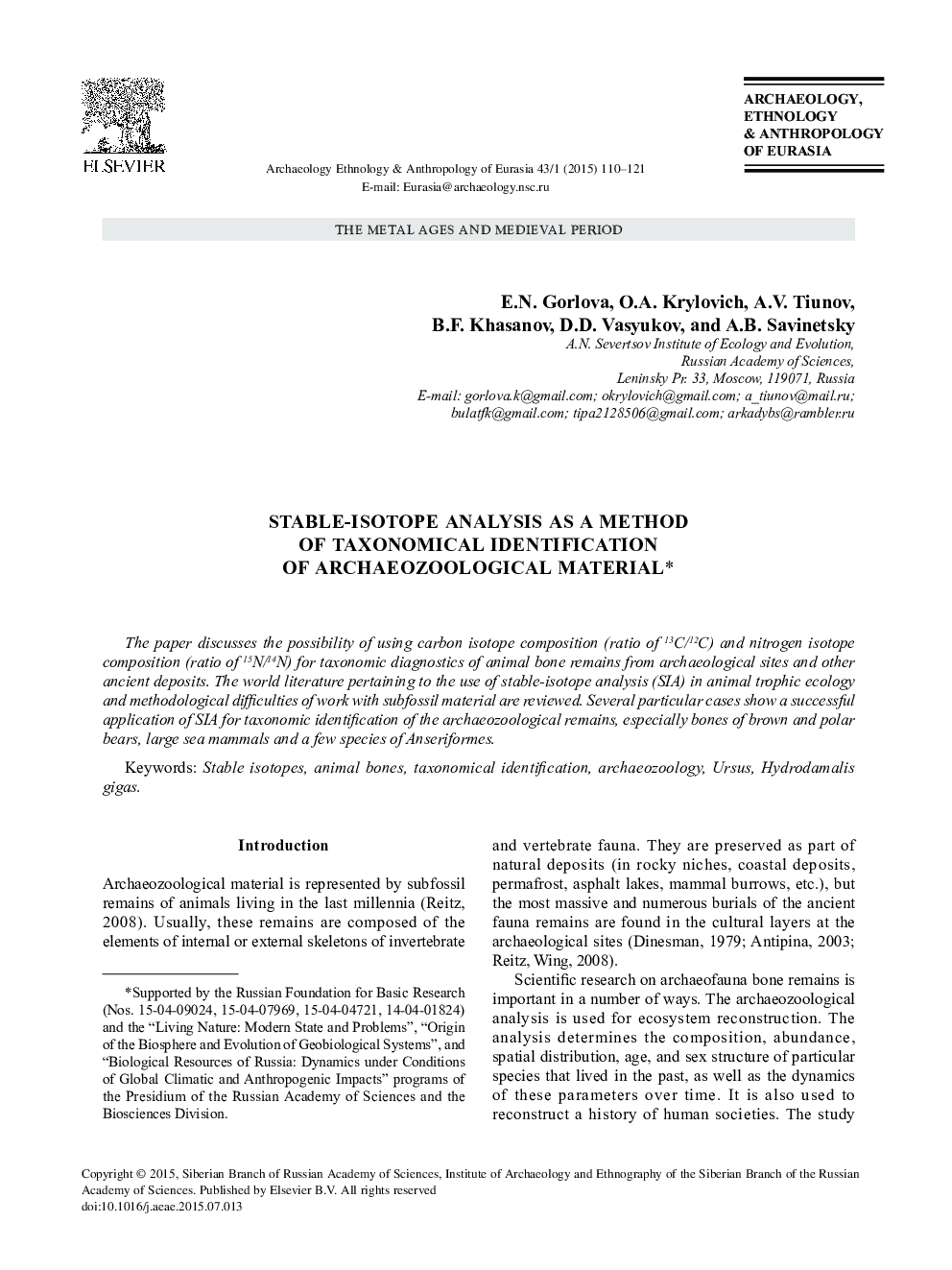 Stable-Isotope Analysis as a Method of Taxonomical Identification of Archaeozoological Material