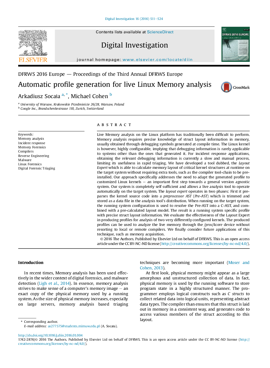 Automatic profile generation for live Linux Memory analysis