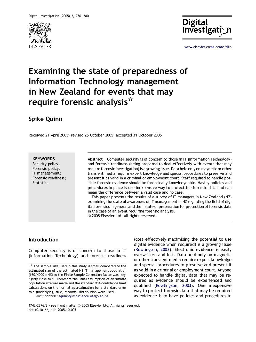 Examining the state of preparedness of Information Technology management in New Zealand for events that may require forensic analysis