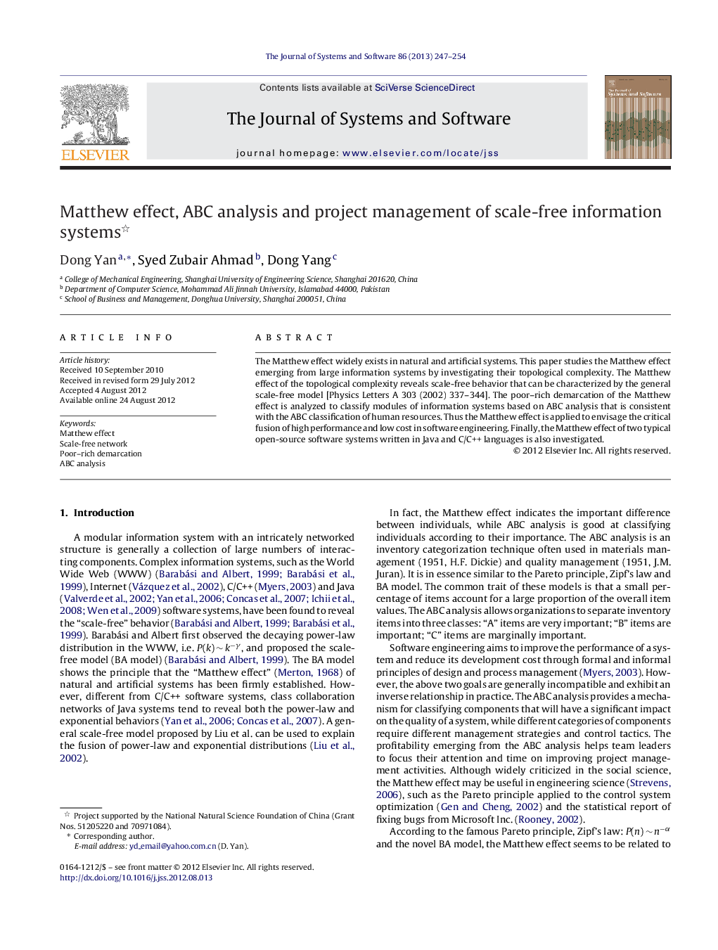 Matthew effect, ABC analysis and project management of scale-free information systems