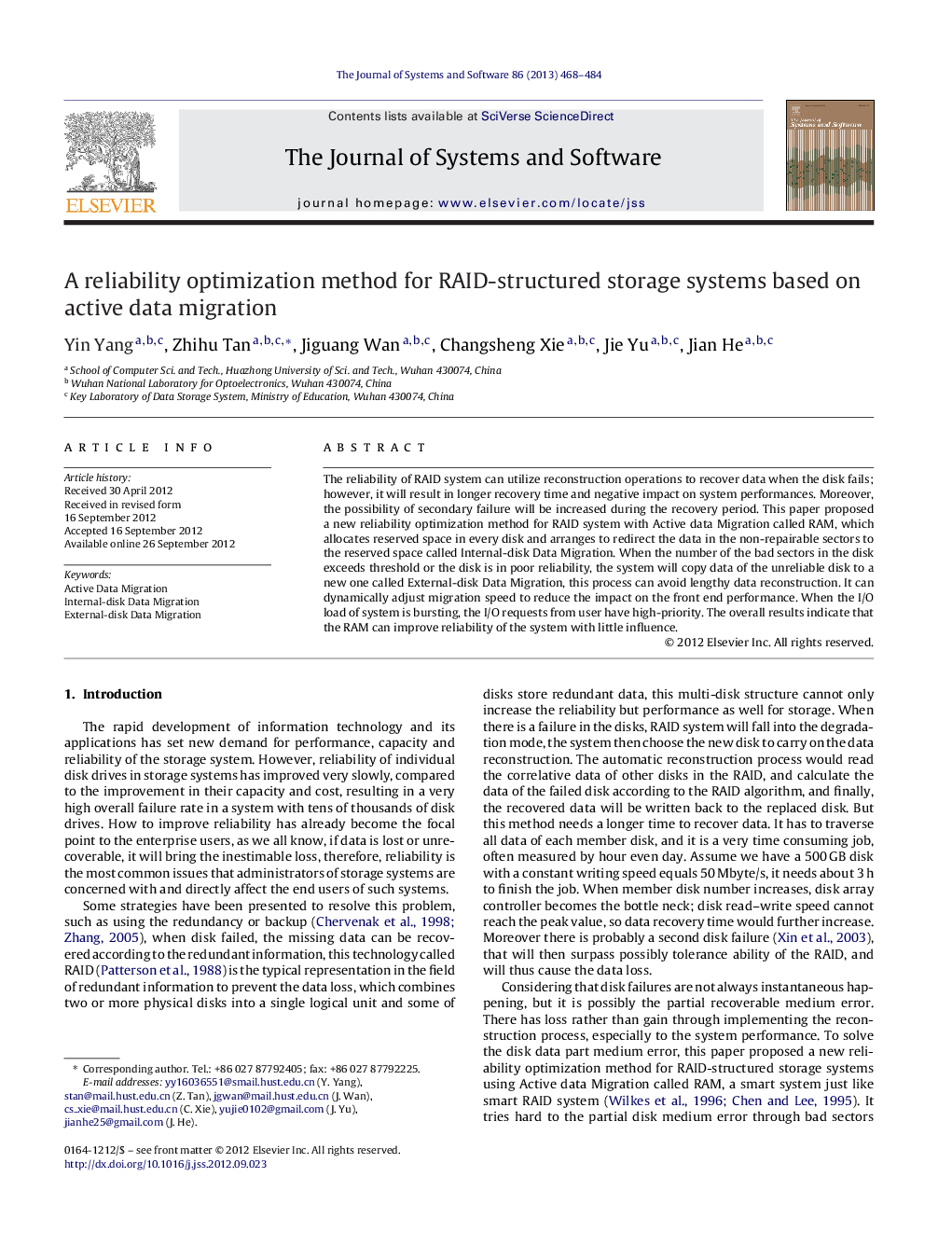 A reliability optimization method for RAID-structured storage systems based on active data migration