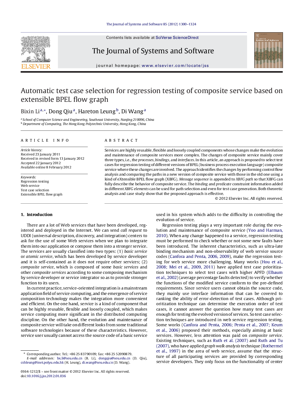 Automatic test case selection for regression testing of composite service based on extensible BPEL flow graph