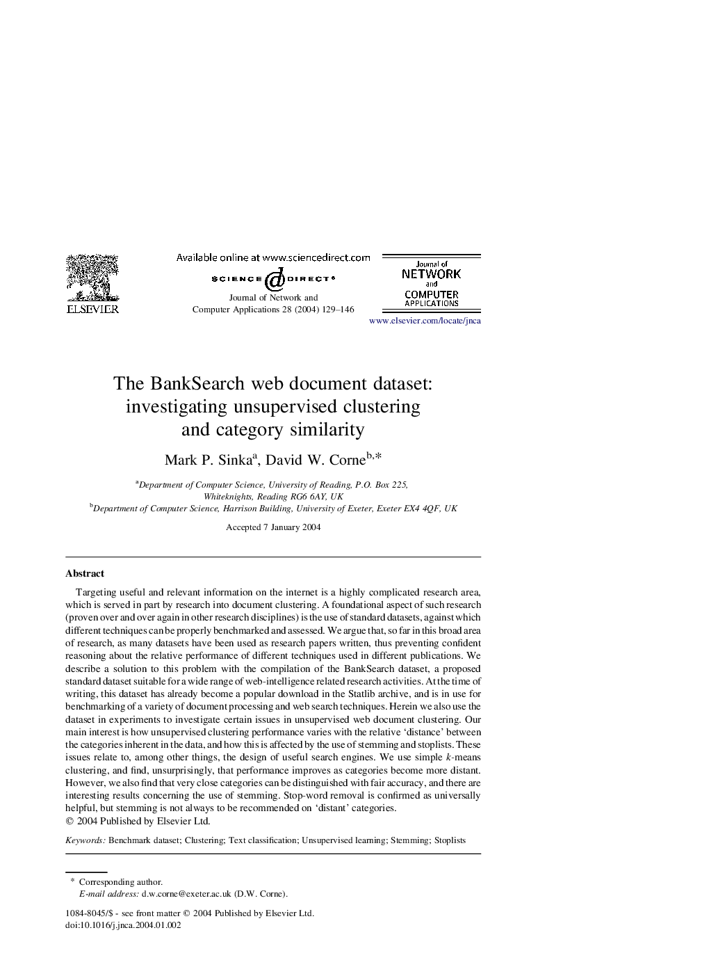 The BankSearch web document dataset: investigating unsupervised clustering and category similarity