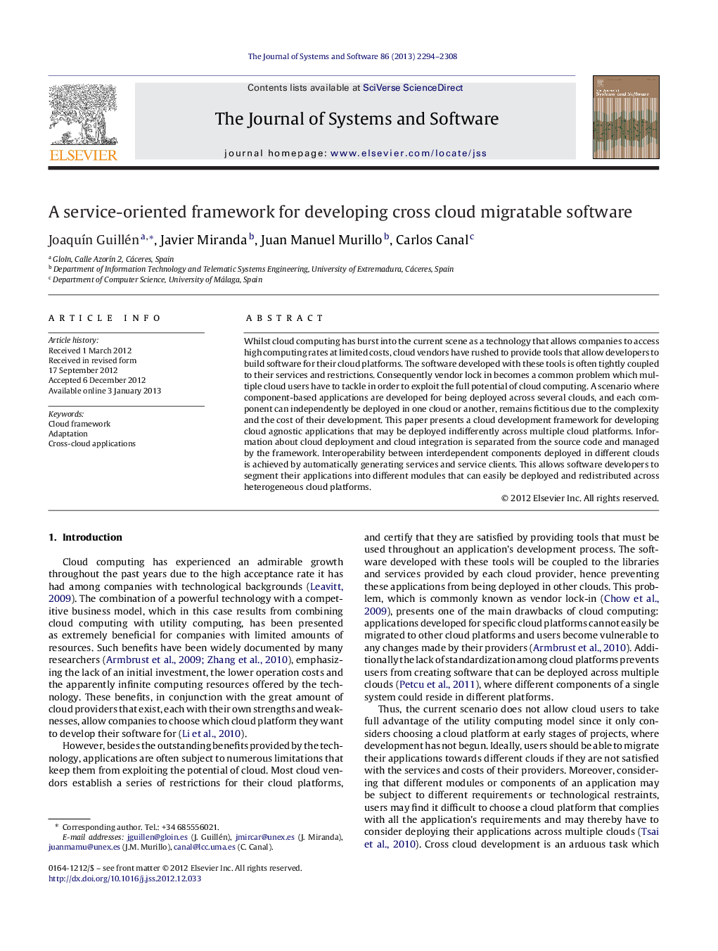 A service-oriented framework for developing cross cloud migratable software