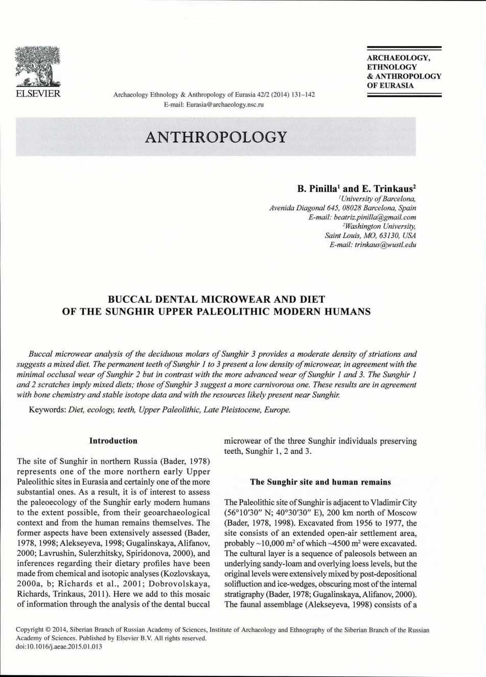 Buccal Dental Microwear and Diet of the Sunghir Upper Paleolithic Modern Humans