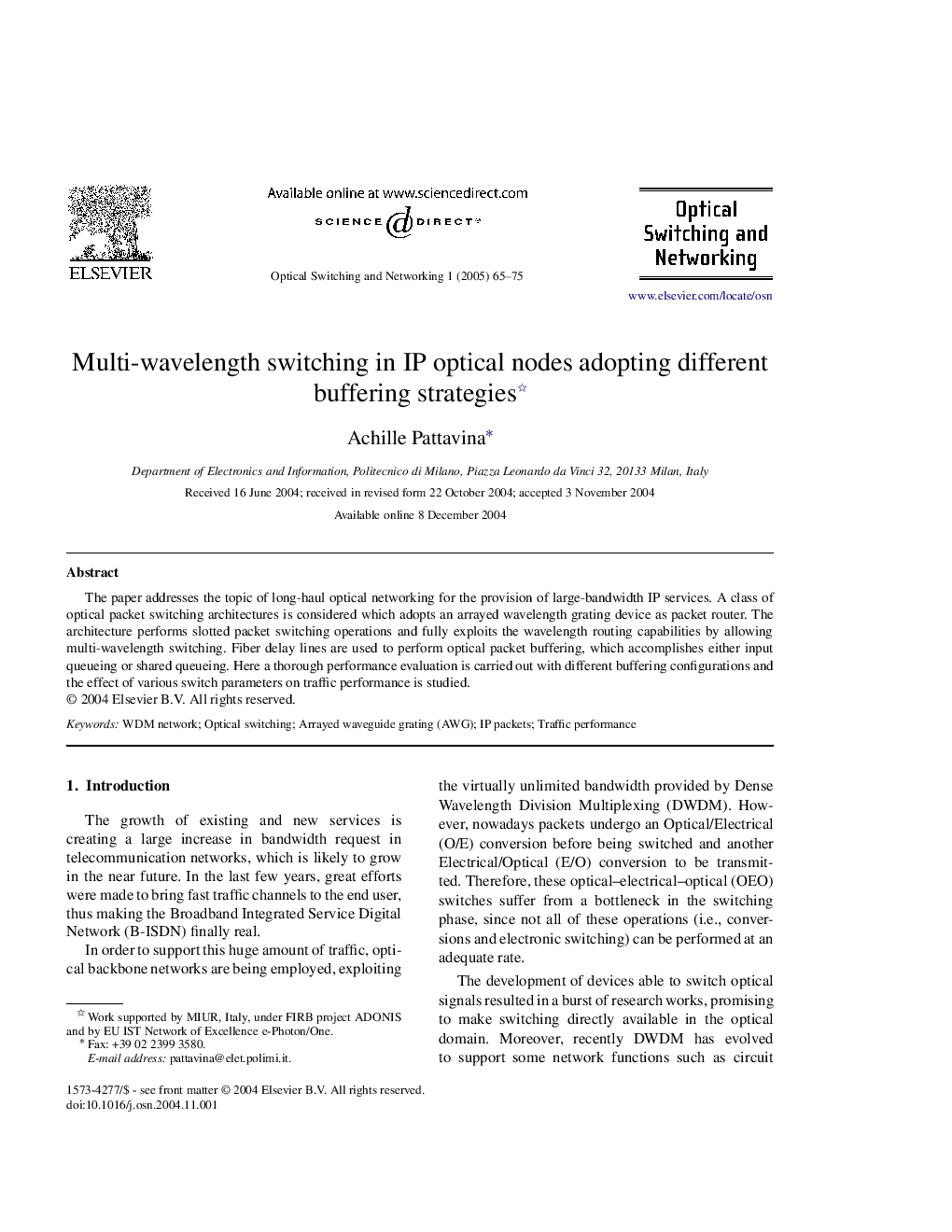 Multi-wavelength switching in IP optical nodes adopting different buffering strategies