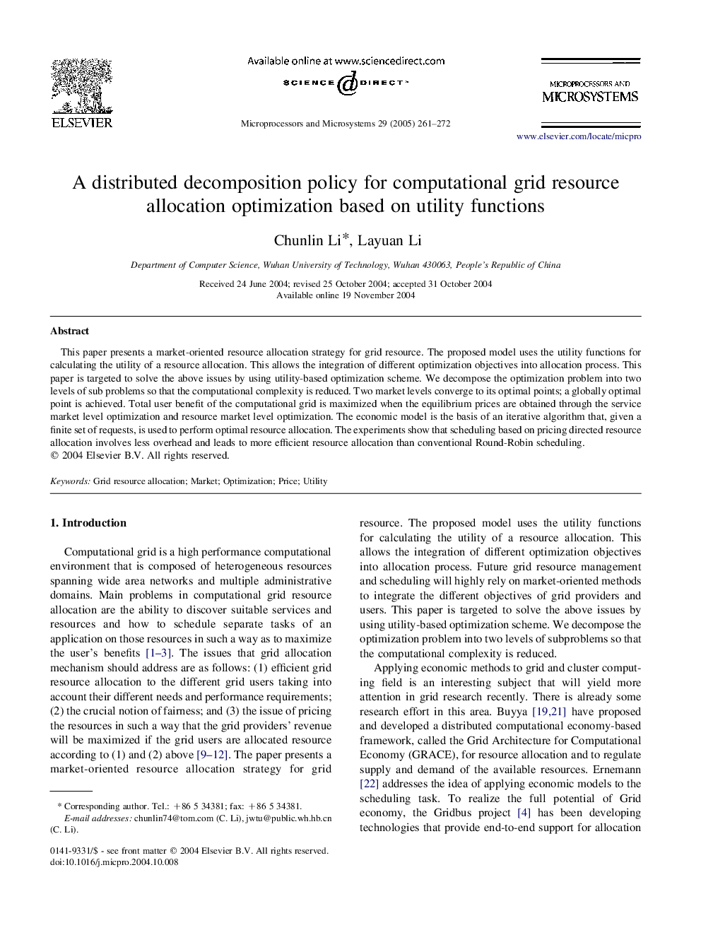 A distributed decomposition policy for computational grid resource allocation optimization based on utility functions