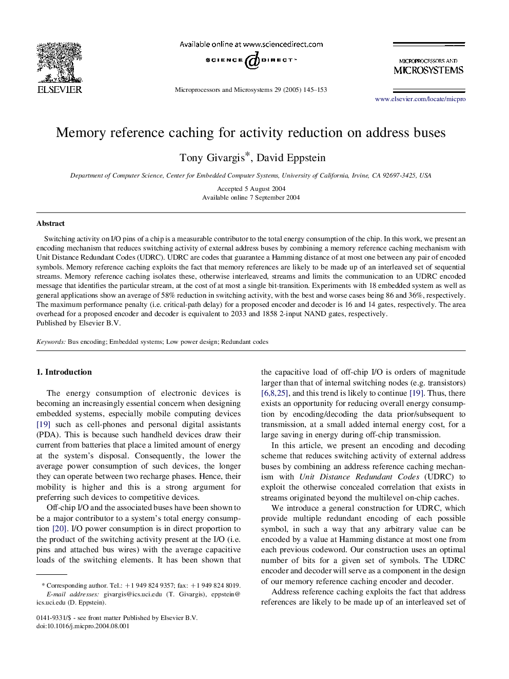 Memory reference caching for activity reduction on address buses