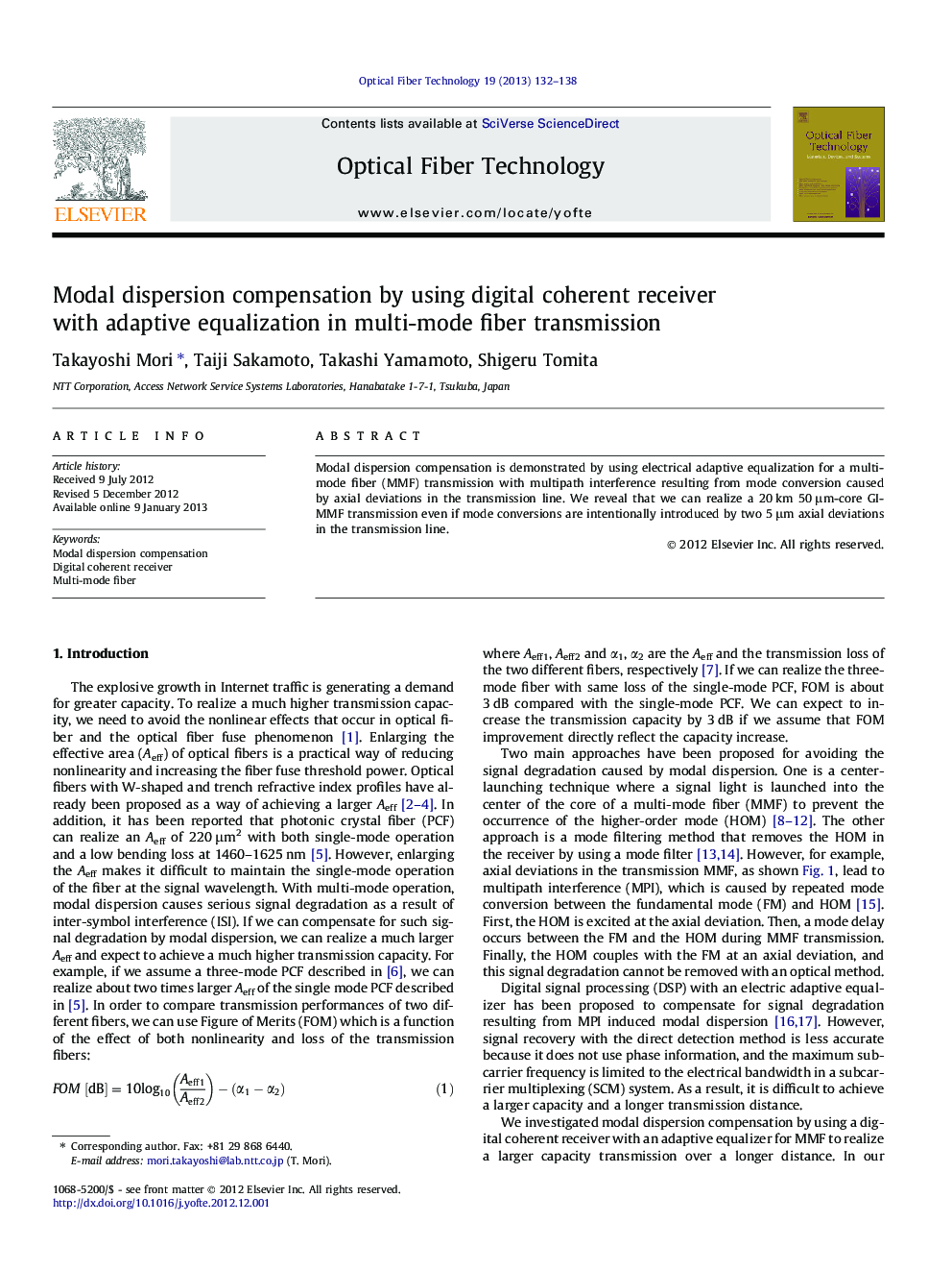 Modal dispersion compensation by using digital coherent receiver with adaptive equalization in multi-mode fiber transmission