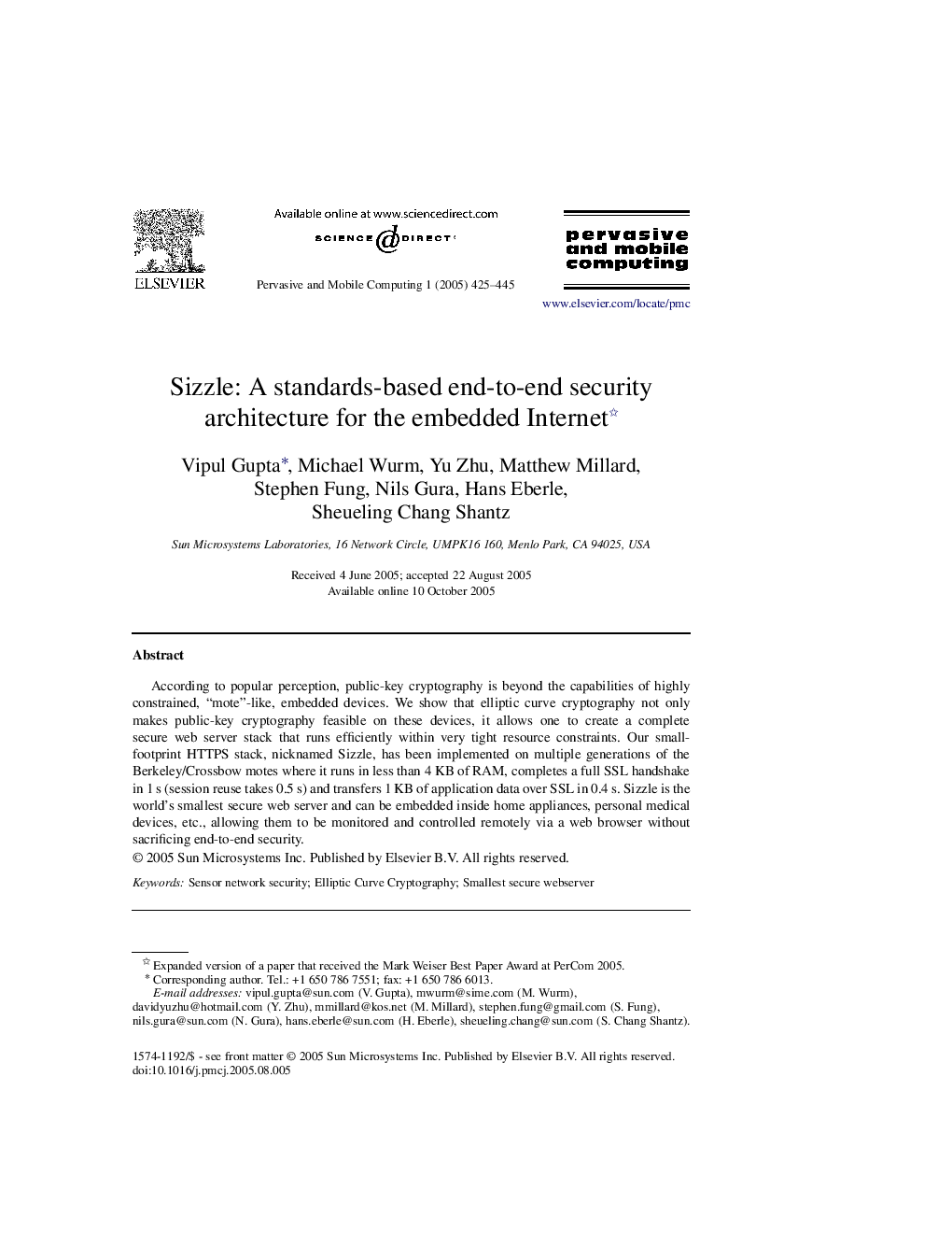 Sizzle: A standards-based end-to-end security architecture for the embedded Internet