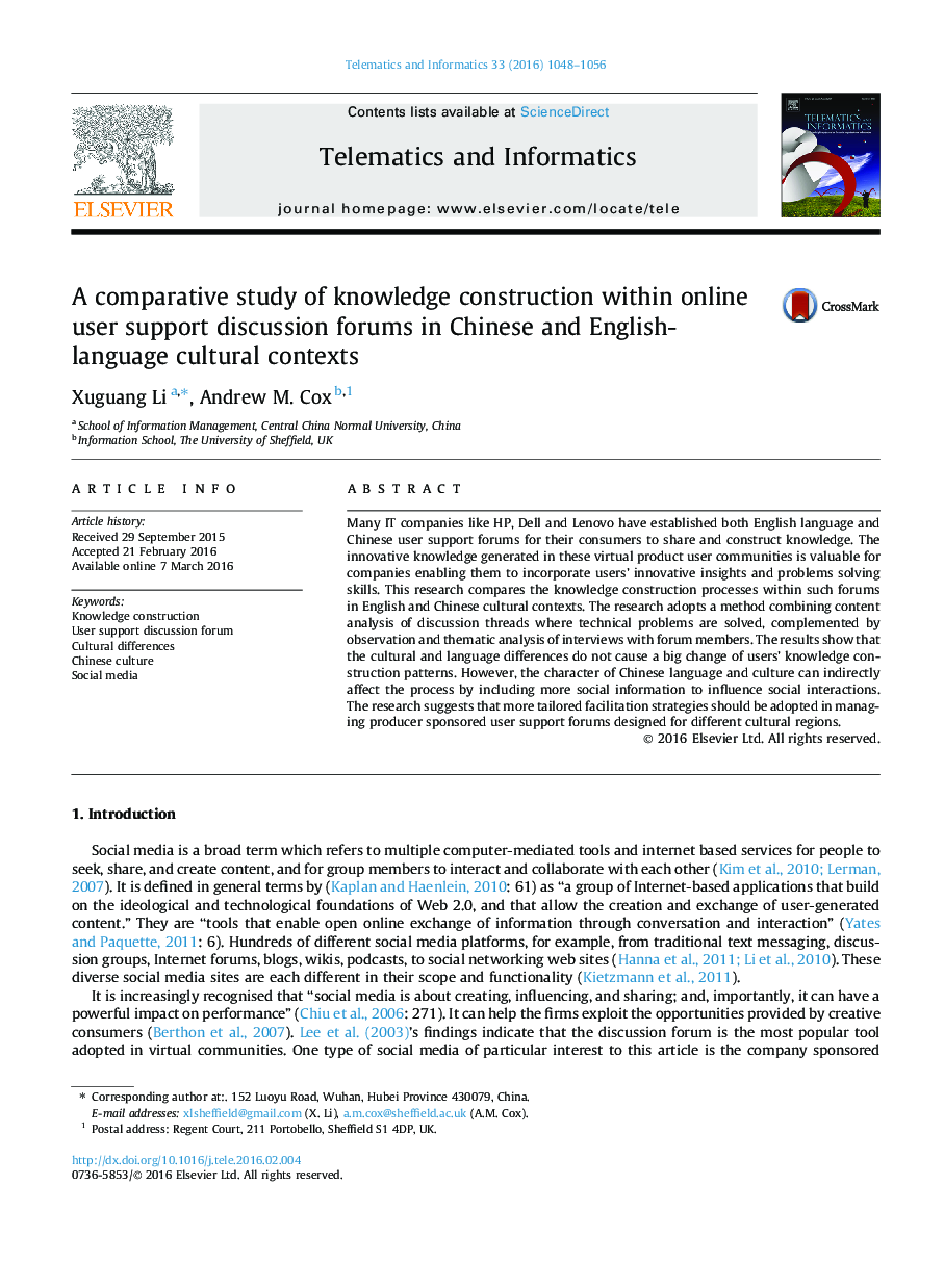 A comparative study of knowledge construction within online user support discussion forums in Chinese and English-language cultural contexts