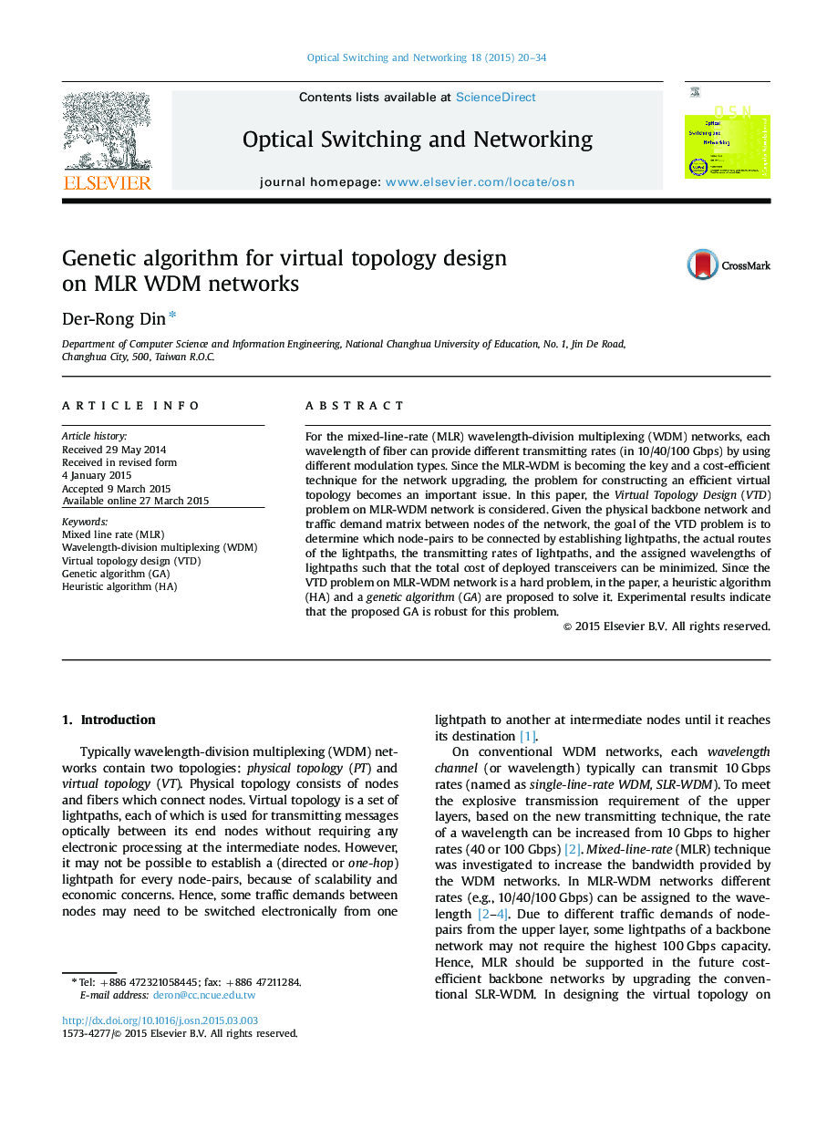 Genetic algorithm for virtual topology design on MLR WDM networks